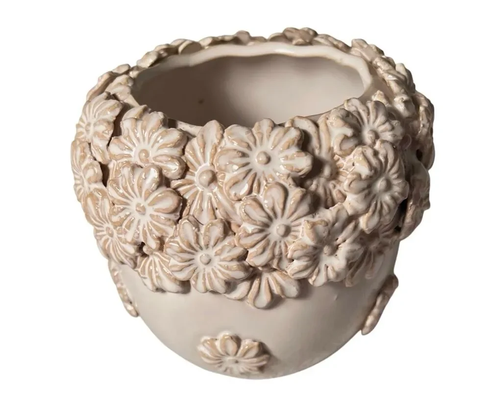 Ceramic Planter With Intricate 3D Floral Relief Cascading Sculpted Blossoms